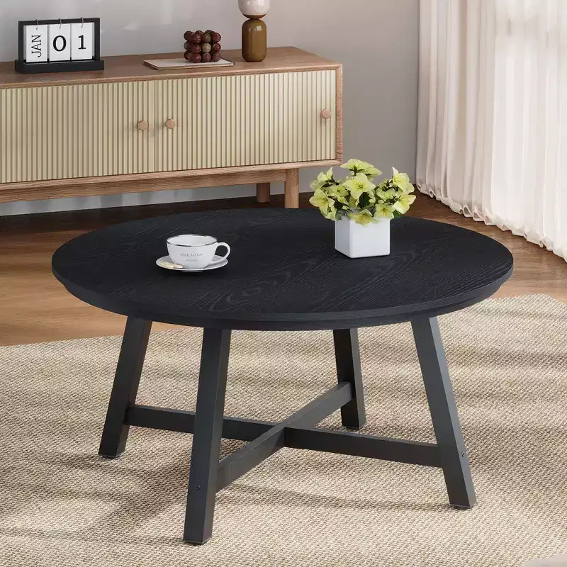 Industrial Round Coffee Table with Metal Frame and Wood Top, Modern Vintage Accent Table for Living Room, Small Space Rustic Center Table