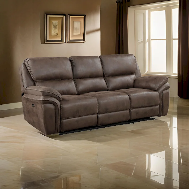 Tony 90 Inch Power Double Recliner Sofa, USB Charging Port Brown Microfiber