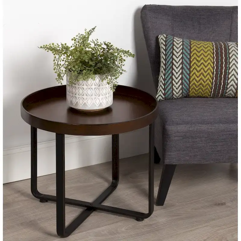 Round Metal End Table with Tray-Style Top and Brushed Finish