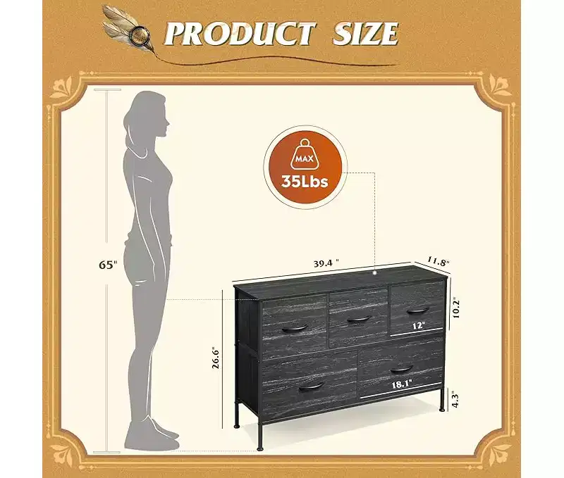 5-Drawer Fabric Dresser �C Charcoal Black Wood Grain, Steel Frame, 100,1 cm Wide