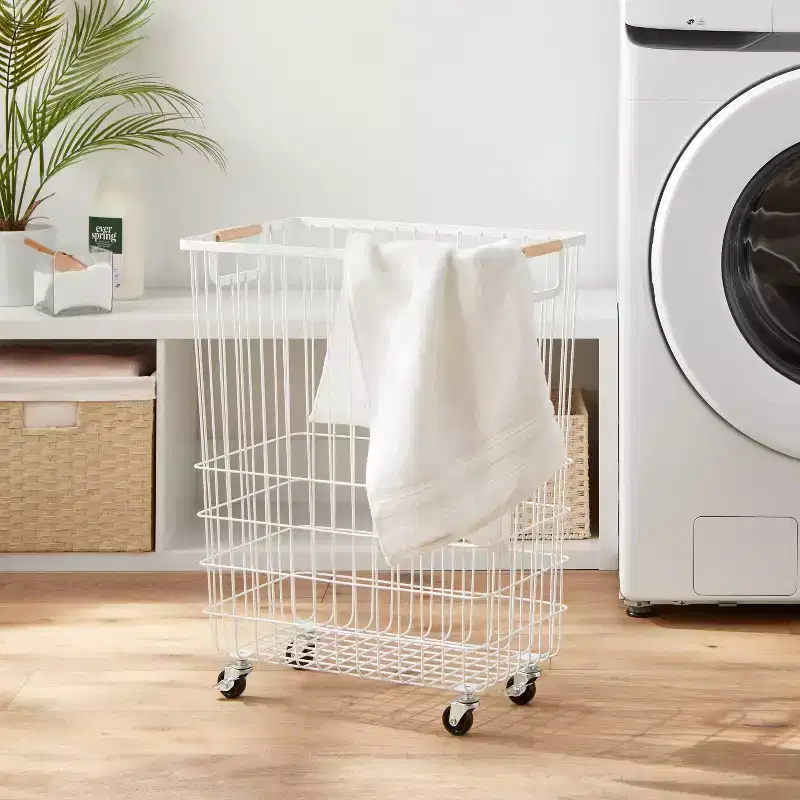 Black Wire Rolling Laundry Hamper, Open-Top, 1-Person
