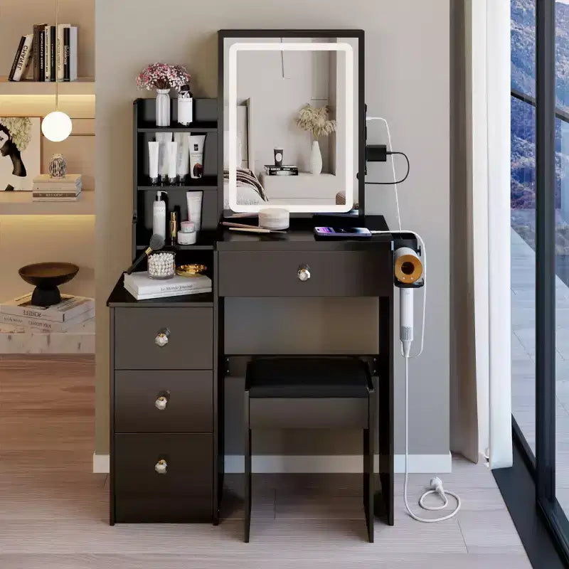 Okak Modern Bedside Cabinet Vanity Table with Touch Control LED Mirror,Dressing Desk with Cushioned Stool,Makeup Table Set for Bedrooms