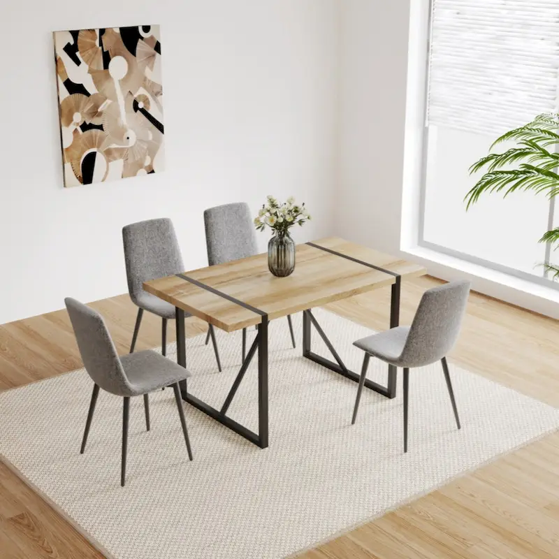MDF Wood Colour Dining Table and Modern Dining Chairs Set of 4, Dining Room Table and Linen Chairs