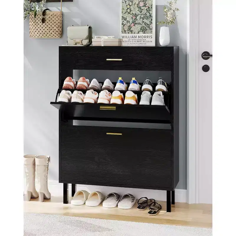 Acekool 3-Tier Shoe Storage Cabinet , Flip Drawer Organizer with Adjustable Shelves for Entryway, Hallway or Bedroom