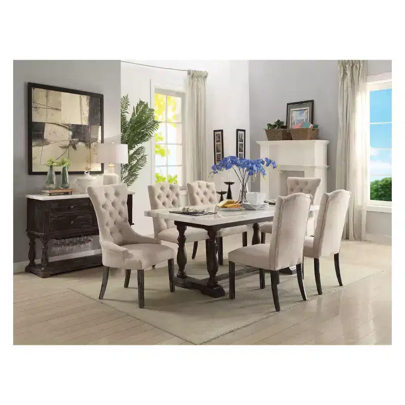 Dining Table �C White Marble Top & Espresso Brown Trestle Base, Seats 6