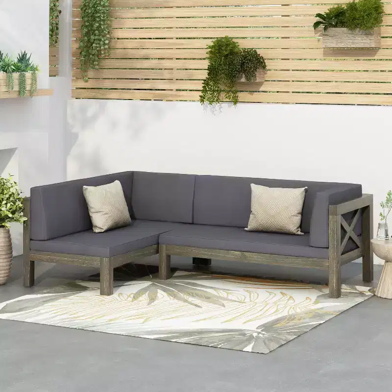 GDFStudio Caspian Outdoor Acacia Wood Left Facing 4 Seater 88.5 Sectional Sofa with Cushions