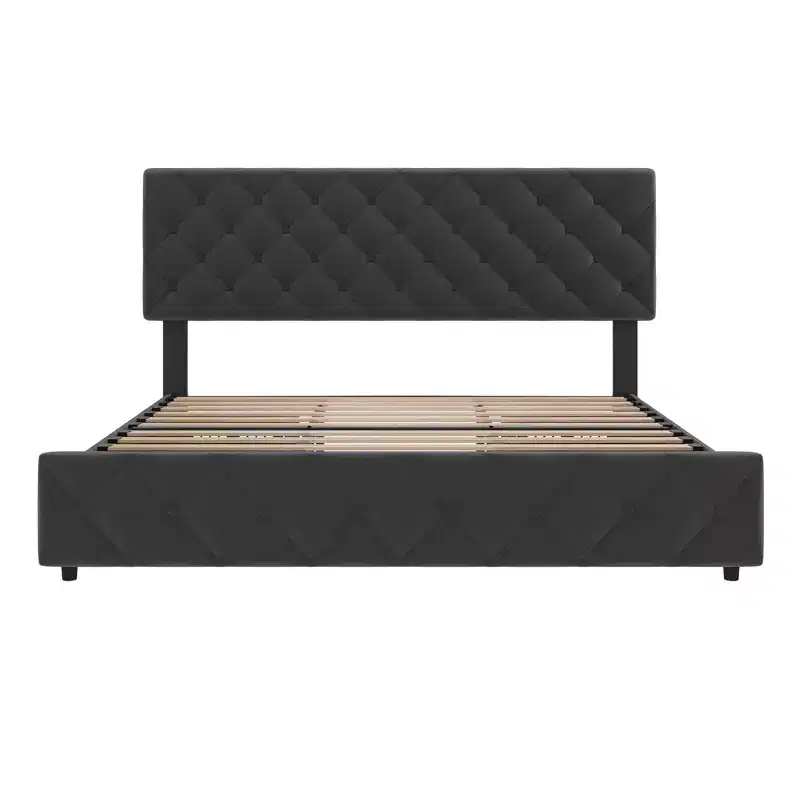 King Size Grey Upholstered Platform Bed Frame C 4 Storage Drawers, Adjustable Tufted Headboard, Wooden Slat Support, No Box Spring Needed