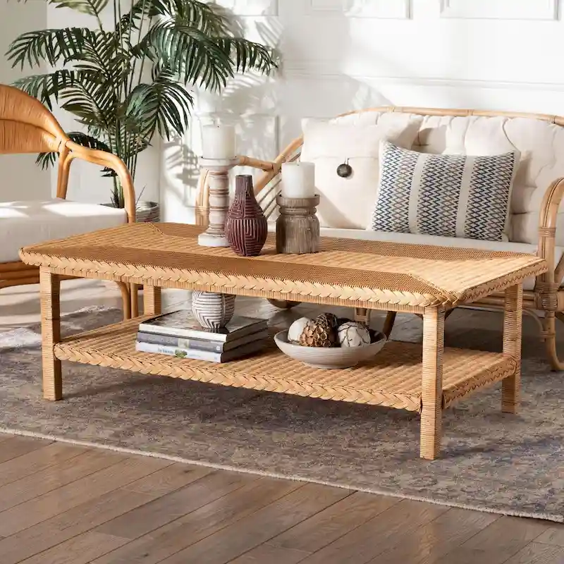 Bohemian Handwoven Natural Rattan Coffee Table with Lower Shelf Honey