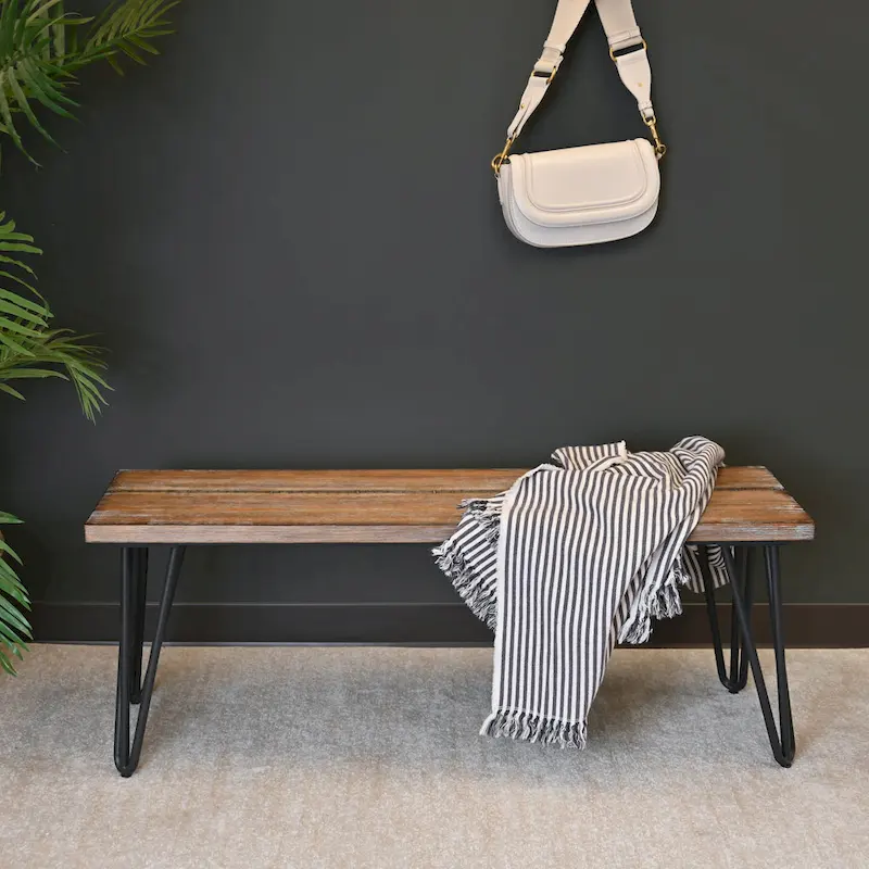 Roundhill Furniture Aryven Industrial Wood Dining Bench, Rustic Dark Pine Finish