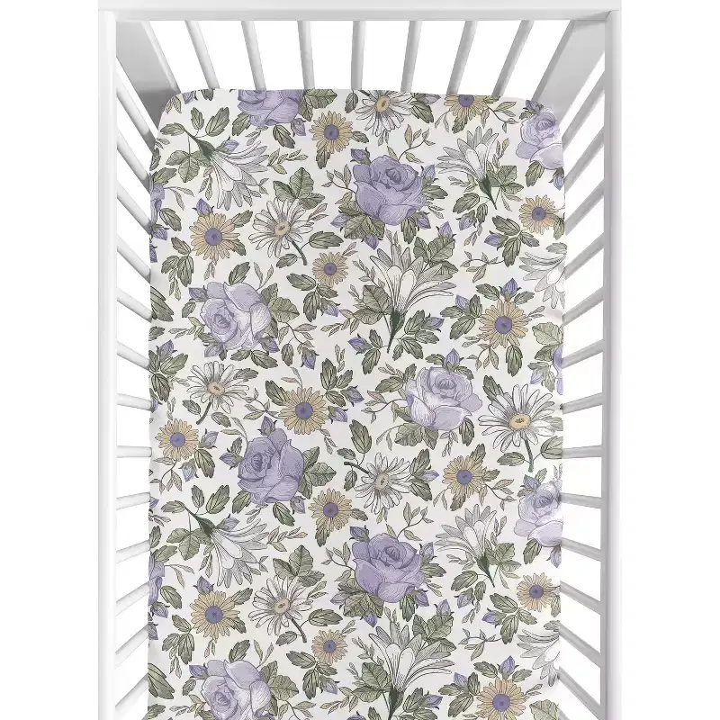 Sweet Jojo Designs Girl Baby Fitted Crib Sheet Vintage Floral Purple and Green