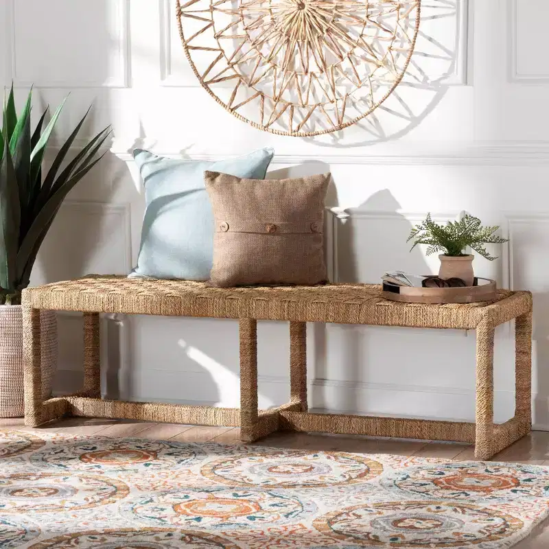 Cipally Seagrass & Mahogany Wood Accent Bench | Natural | Boho Entryway Bench