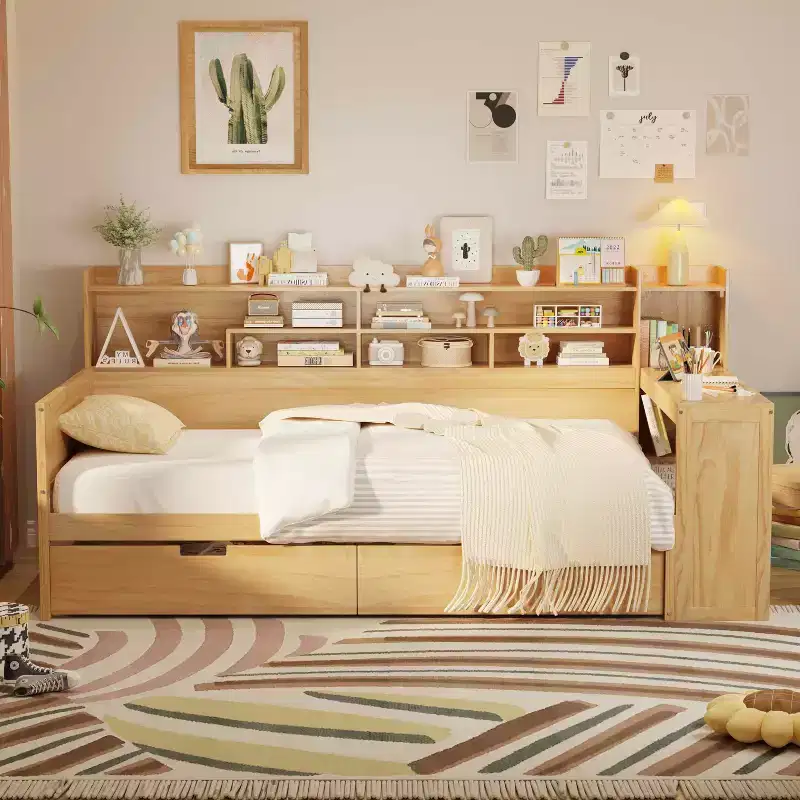 MAYEERTY Twin Size Bed with Storage Shelves Multifunctional Bed with Drawers and Study Desk Antique Natural