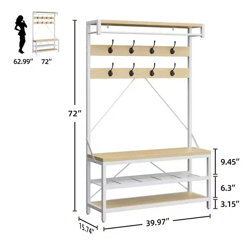 Coat Rack Shoe Bench Industrial Hall Tree Storage Bench for Entryway, Wood Look Accent Large Shoe Rack with Storage Shelf Hanging Bar, 8 Hooks