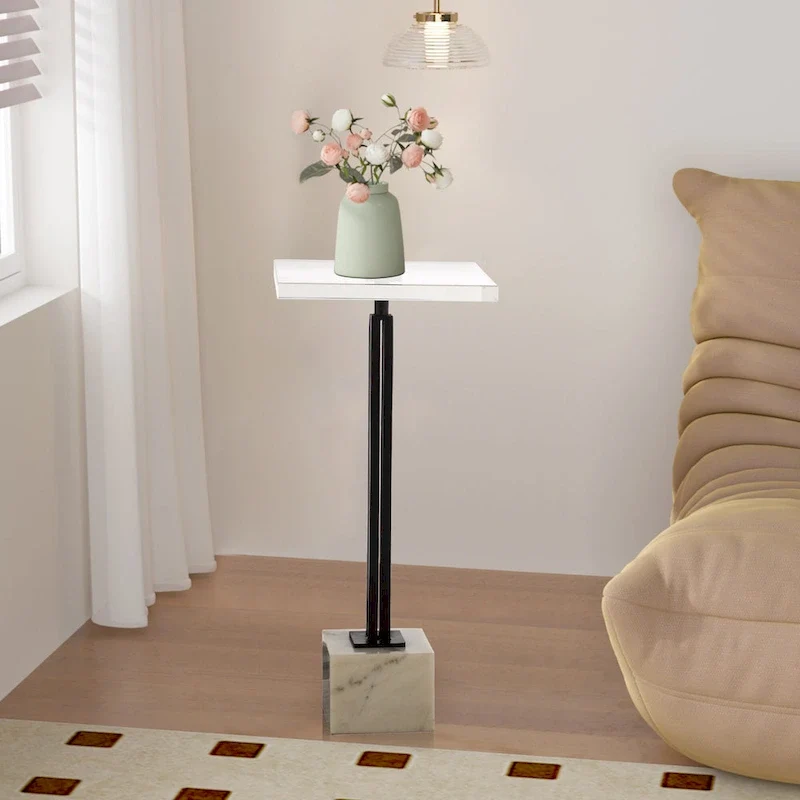 Black Metal & Marble Base Clear Glass Top Square Accent Side Table