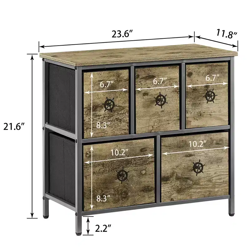 Wooden Top Dresser with 5 Drawers �C Bedside Table for Bedroom or Living Room, Gray