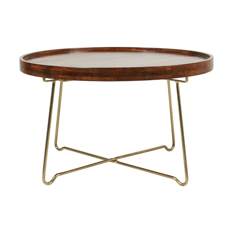 Round Natural Wood And Gold Iron Coffee Table by East at Main