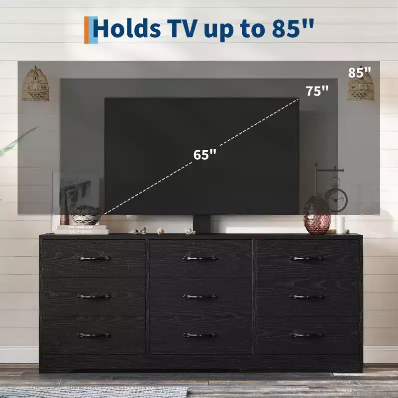 TV Stand with Mount, Wood 9 Drawers Television Stand with Adjustment for 32-85 inch TVs, Large Entertainment Center Media Console