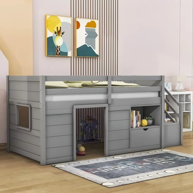 Solid Wood Low Loft Bed With Drawer and Stair,Twin Szie