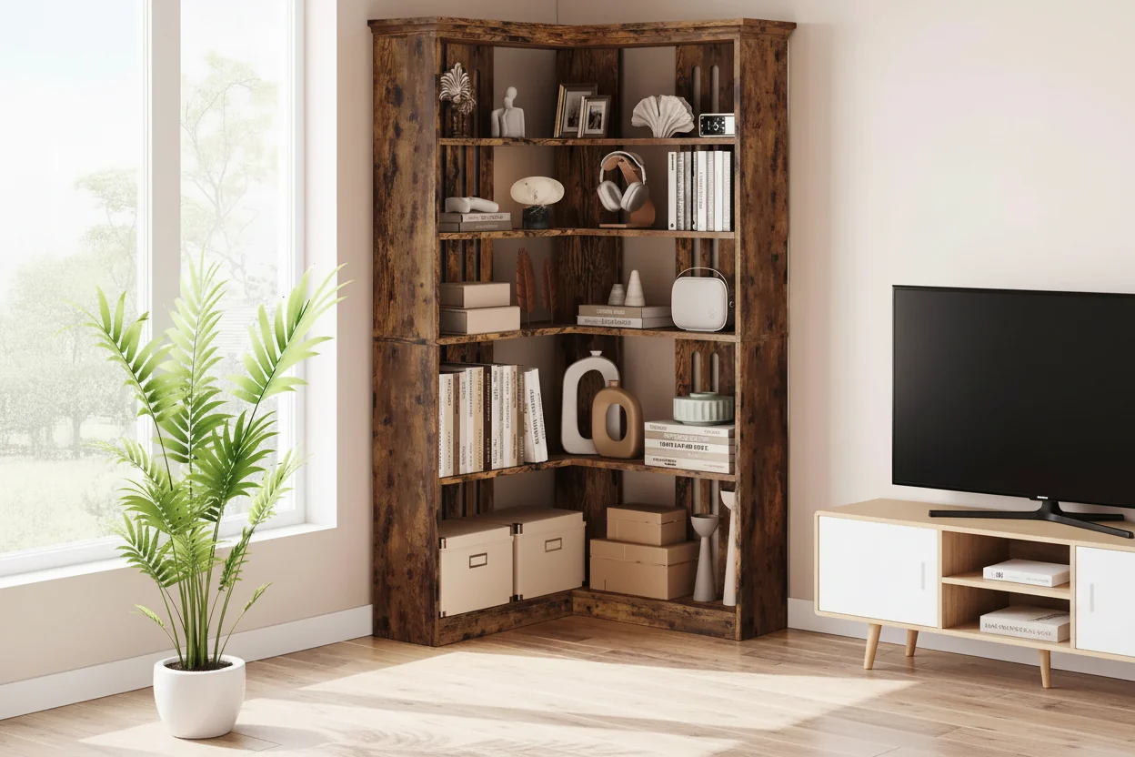 72.8" Farmhouse L-Shaped Corner Bookshelf �C 5-Tier