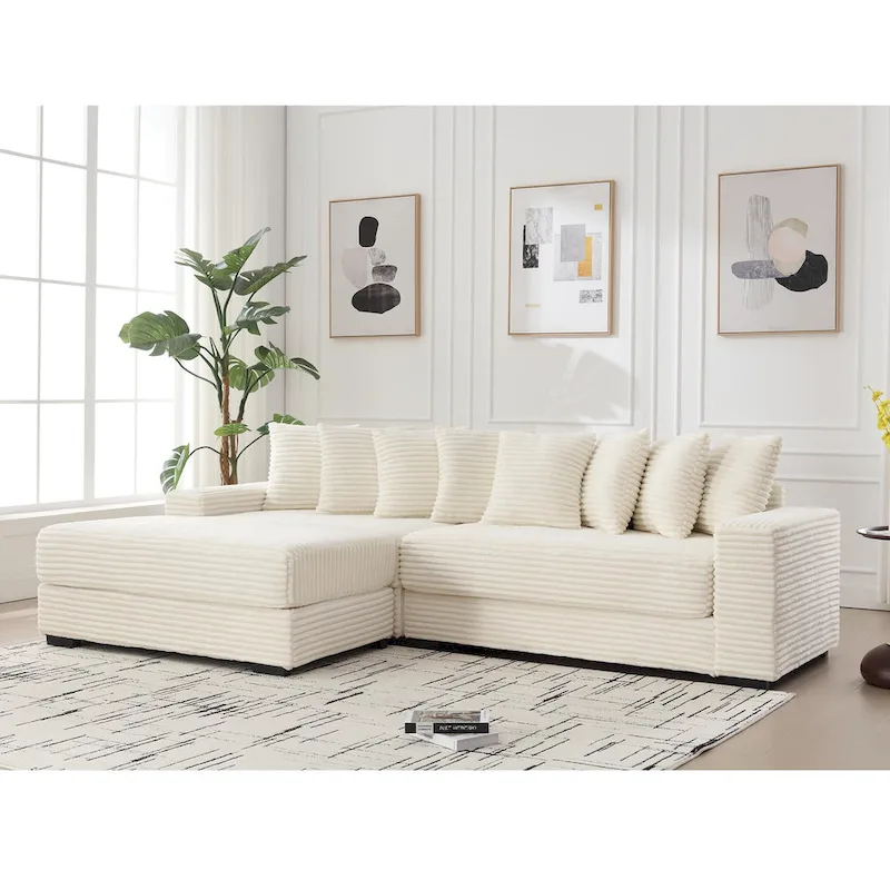 111 Corduroy L-Shaped Sectional Sofa with Left Chaise & 8 Pillows