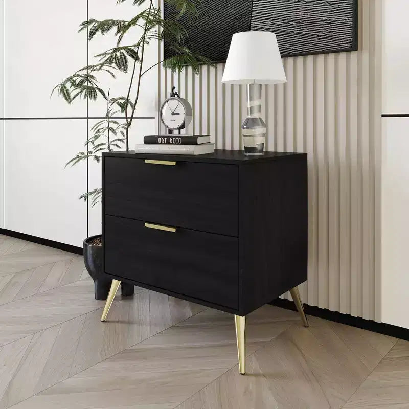 2-Drawer Nightstand with Gold Legs and Handles, Solid Wood