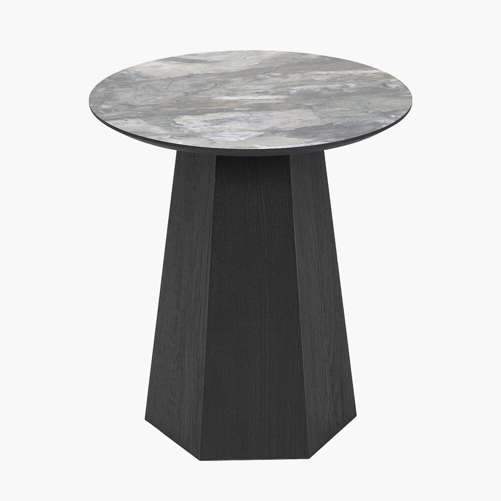 Dark Brown Wooden Side Table with Marble Effect Top