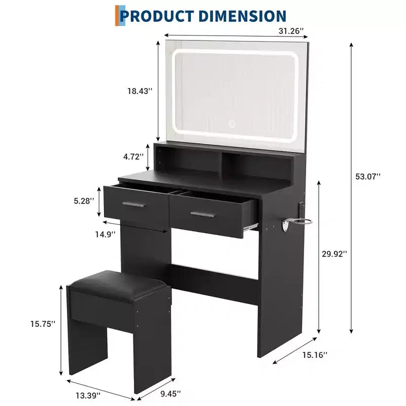 Vanity Desk with Mirror and Lights, Modern Dressing Table, 3 Color Modes Makeup Vanity, Cushioned Stool, 2 Drawers, Modern Dressing Table