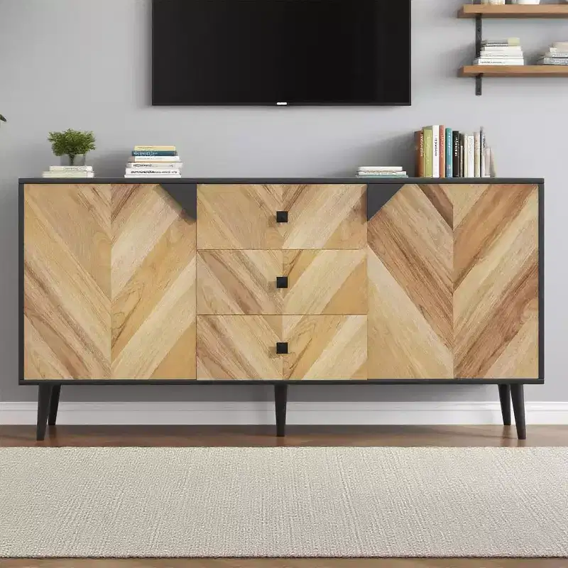 Sideboard Wood 2 Doors & 3 Drawers, 55'' Modern Entryway Cabinet Coffee Bar Cabinet with Geometric Pattern for Kitchen, Dining, Living Room