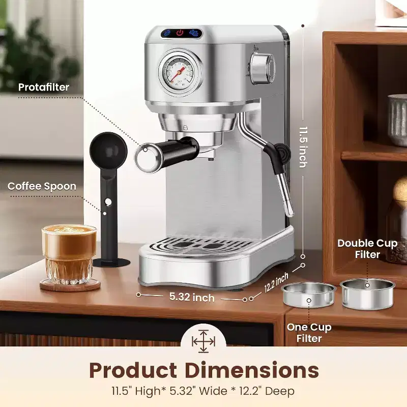 CPPSLEE 20 Bar Espresso Machine, Compact Stainless Steel Maker with Milk Frother & 34oz Removable Tank for Home Latte & Cappuccino.