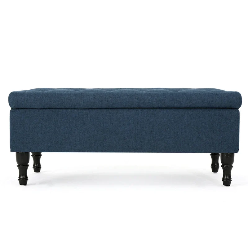 Kiyo Storage Ottoman Bench, 41 Inch Button Tufted Navy Blue Fabric