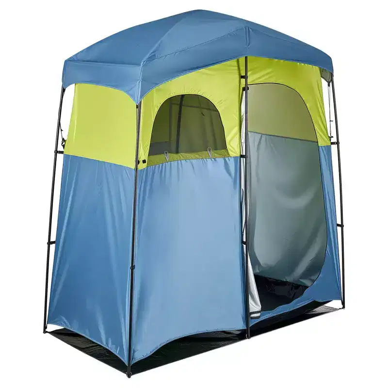 VEVOR Camping Shower Tent, 2-Room Portable Privacy Tent Changing Room with Shower Bag, Ground Stakes, Ropes, Carry Bag, and Support Poles,Blue&Green