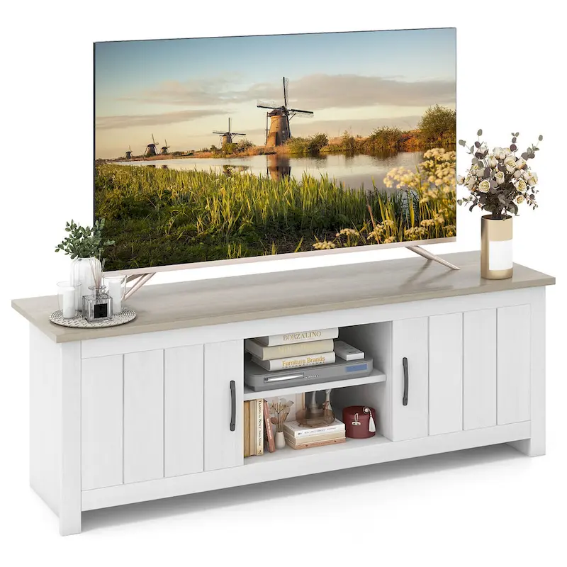 White & Greyish Brown Farmhouse TV Stand with Cabinets for TVs up to 65"