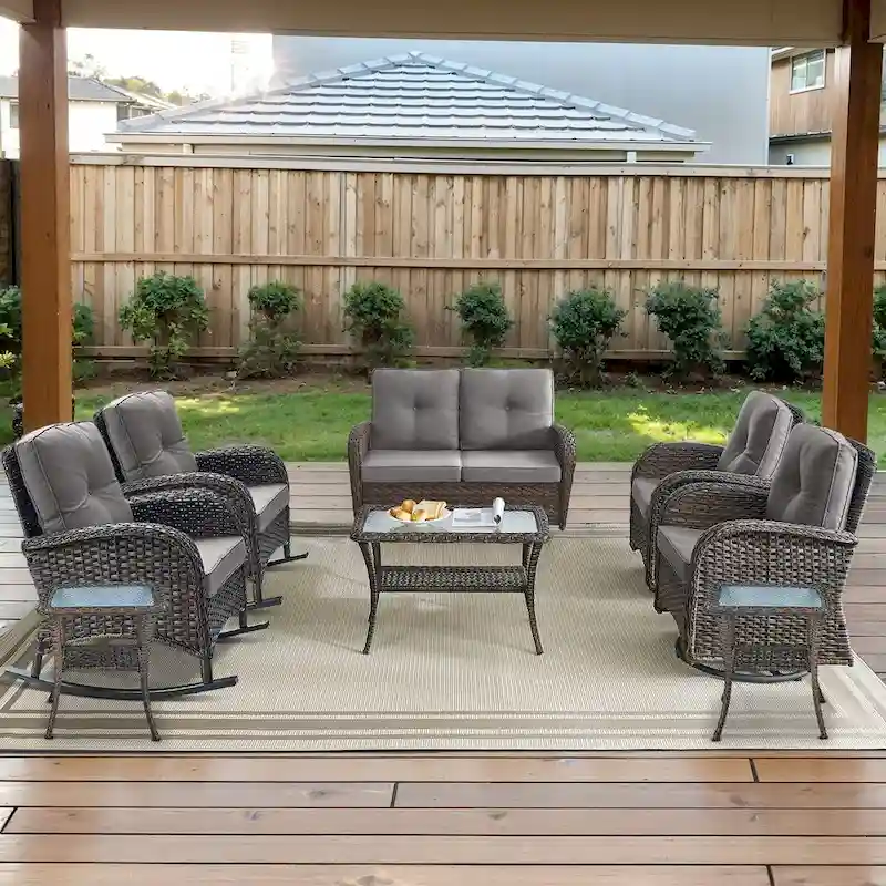 2 Rocking Glider and 2 Swivel Chairs, 1 Loveseat Glider with Coffee Table - Brown