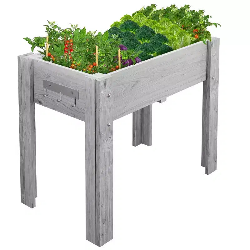 Elevated Wood Planter Box with Legs and Hooks, Raised Garden Bed with Non-Woven Liner for Patio