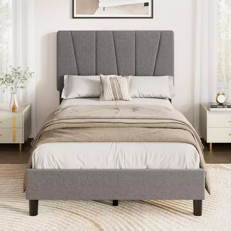 Twin Size Bed Frame with Adjustable Headboard - Linen Upholstered Platform Bed with Wooden Slats Support