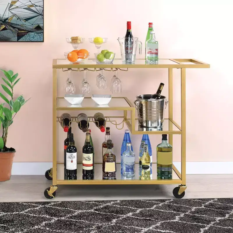 Royal Hampton Metal Framed Serving Cart with Wine Bottle Holder and Stemware, Gold and Clear