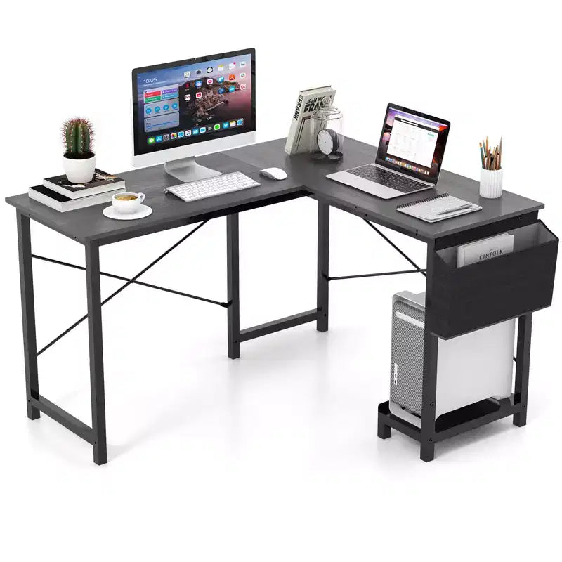 Reversible L-Shaped Computer Desk �C Storage Bag, Host Stand, Dark Gray