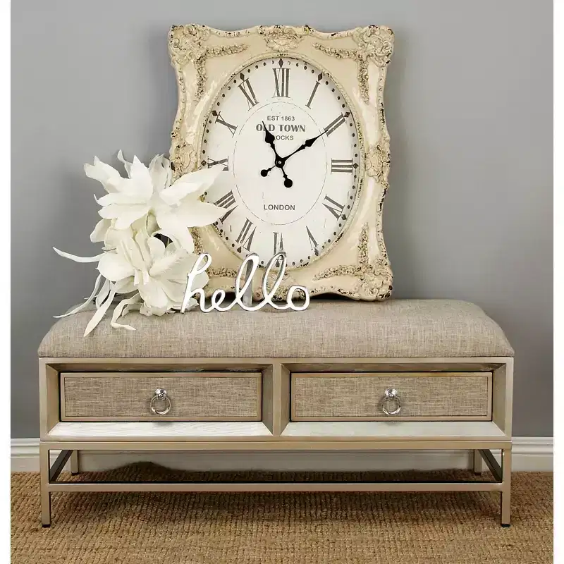 Contemporary Linen Storage Bench Beige - Olivia & May: Tufted Upholstered, Iron & Wood Frame, Stainless Steel Legs, 2-Seater