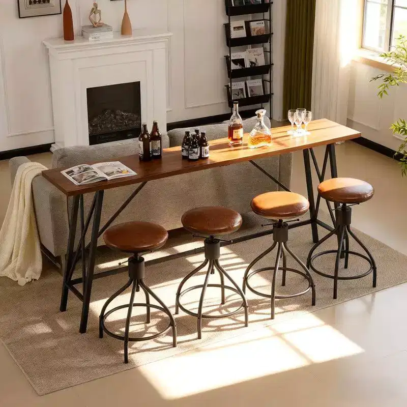Karl Home 83.86in Bar Table and Stool Set with 4 Adjustable Height Swivel Stools in Brown for Dinner Kitchen and Living Room