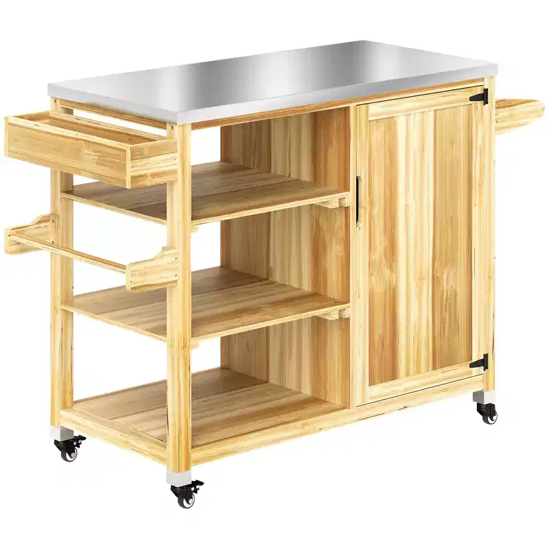 Outdoor Grill Cart with Stainless Steel Top, Solid Wood Outdoor Kitchen Island with Wheels
