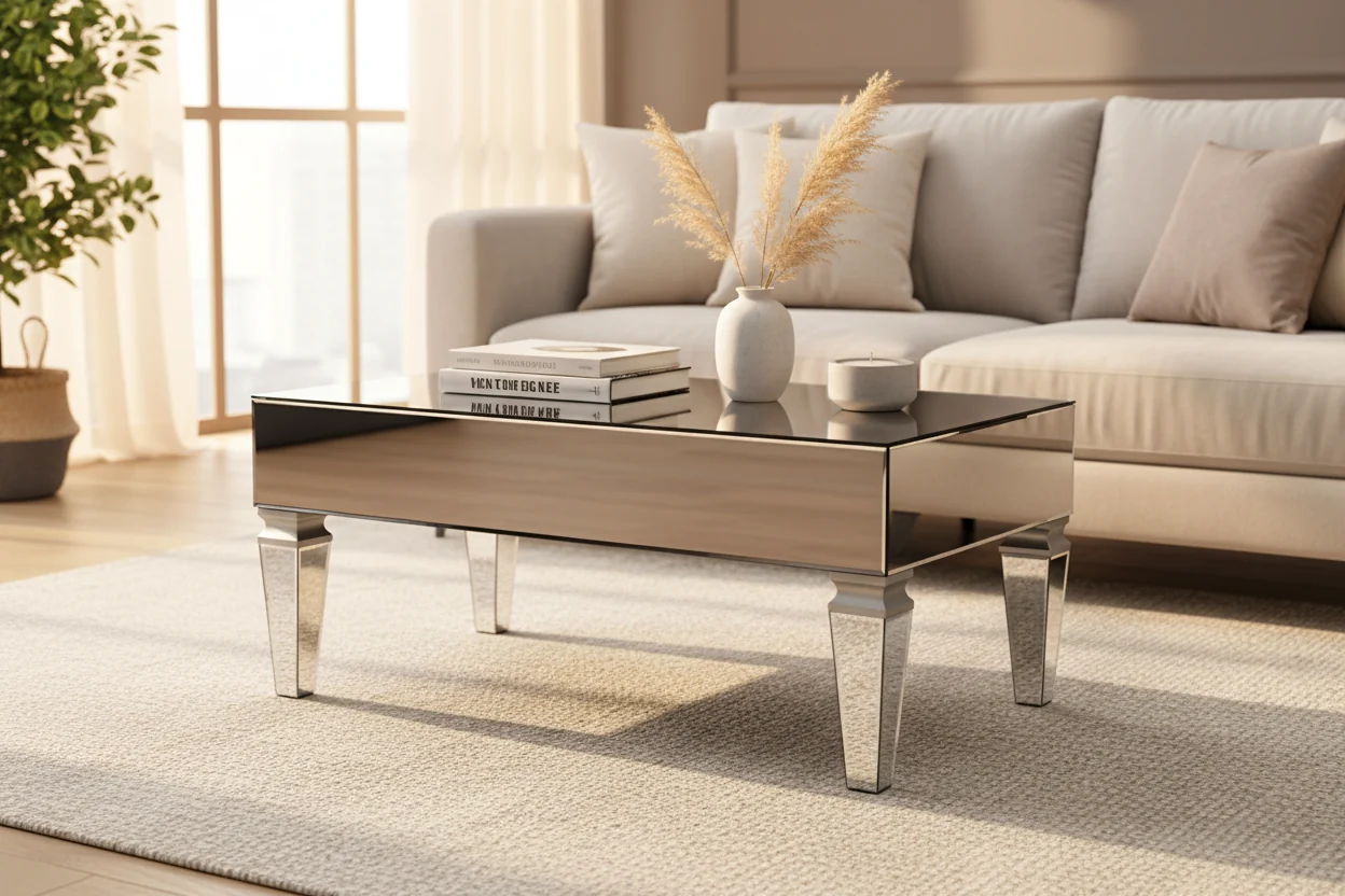 Mirrored Rectangular Coffee Table with Drawers & Beveled Glass Panels
