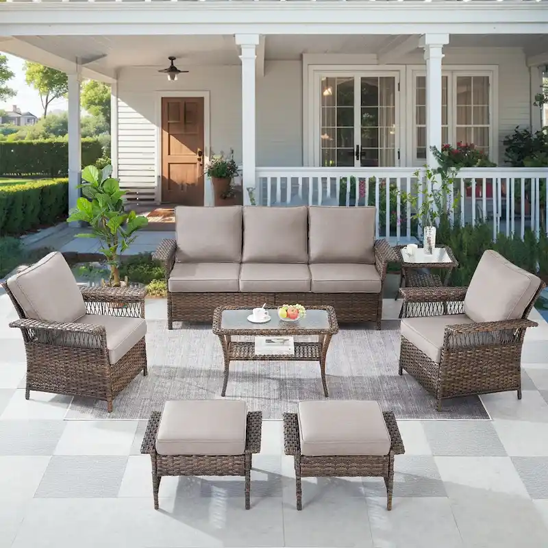 2 Club Chair,2 Ottoman, 3-seat Sofa and Coffee Table - Brown
