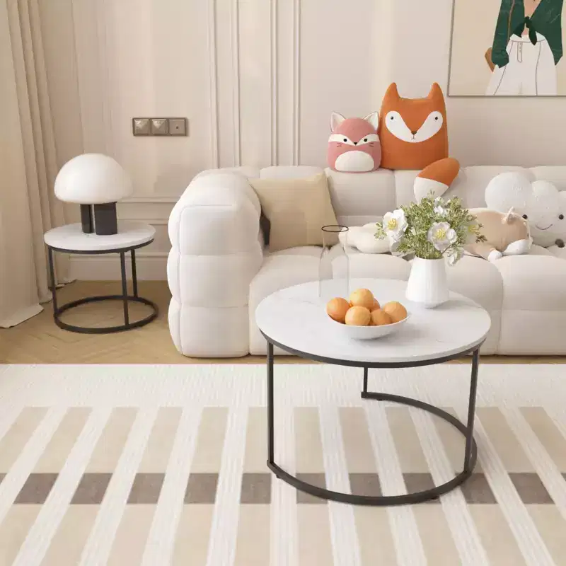 JVNOXK 27.6-inch Round Nesting Coffee Table Set (2-Piece), Wooden Marble-Effect Tabletop with Sturdy Metal Frame, Suitable for BedroomsWhite