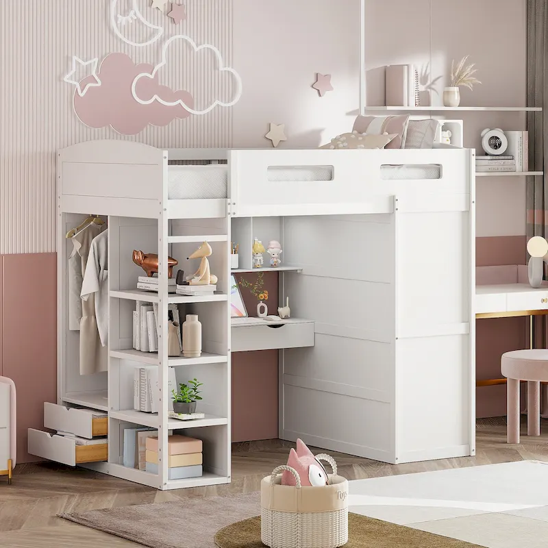White Twin Size Solid Wood Loft Bed with Desk, Wardrobes and Drawers