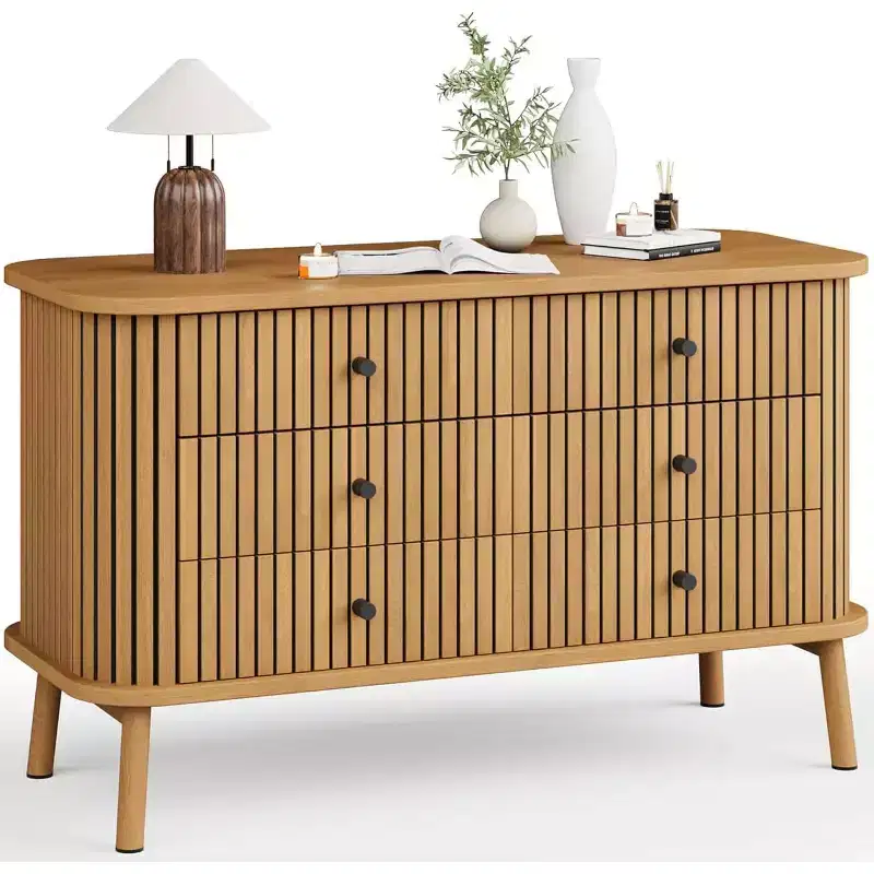 Dresser, 6 Drawer Horizontal Chest with Black Handles & Wooden Legs, Natural Wood Look