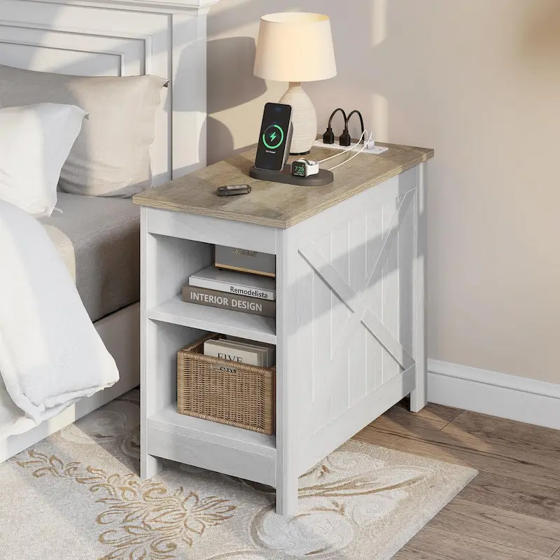 End Table with Charging Station, Side Table with Storage, 2 Power outlets & 2 USB Ports for Living Room
