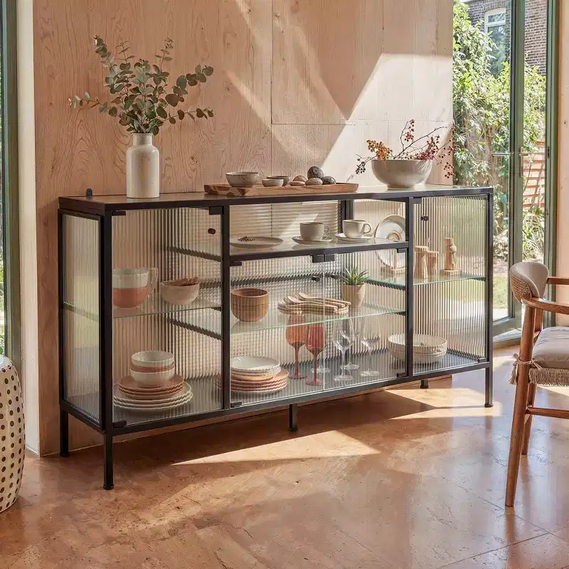 Homsee Modern Fluted Glass Kitchen Pantry Cabinet,3 LED Lights Display Cabinet,Sideboard Buffet Table,Elevate Kitchen or Dining Space Ambiance