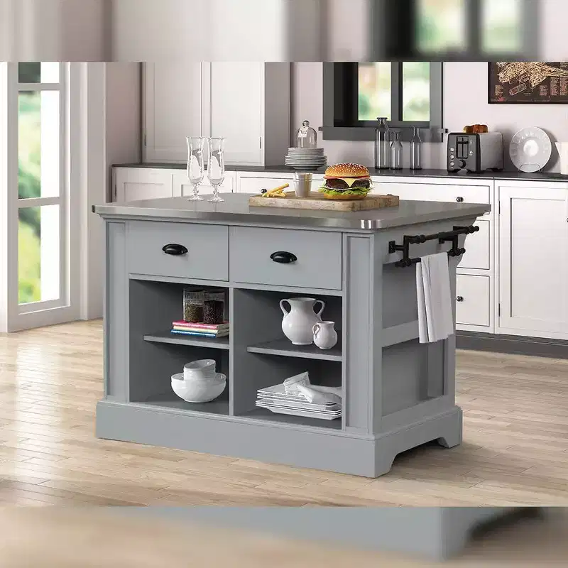 Urrur Kitchen Island | Gray Finish | Stainless Steel Countertop | 4 Shelves & 2 Doors