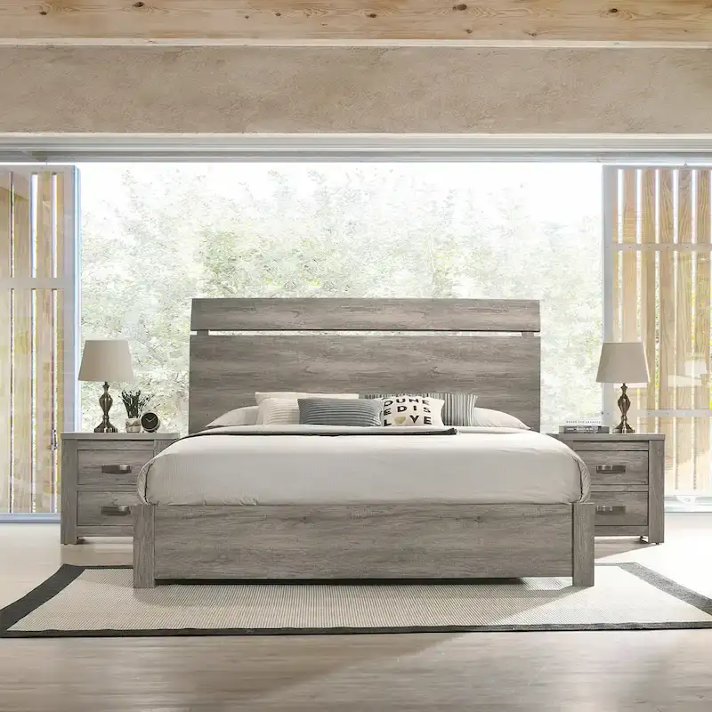 Roundhill Furniture Floren Contemporary Weathered Gray Wood 3-Piece Bedroom Set, Panel Bed with 2 Nightstands