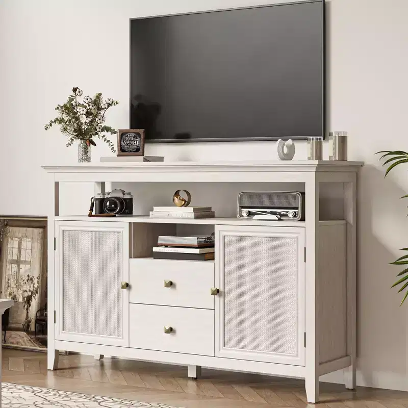JVNOXK 52.8 Rattan Sideboard, Boho Farmhouse Storage Cabinet with Adjustable Shelves, Accent Buffet Cabinet for Kitchen White
